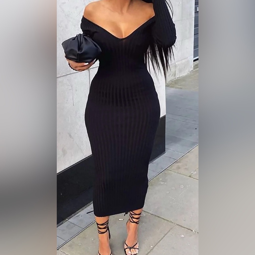 Midi Black Ribbed Dress